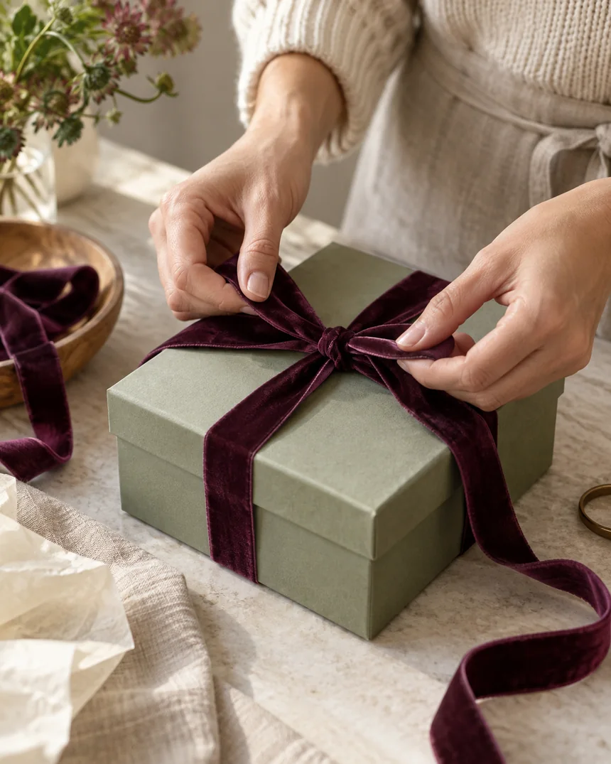 Hands tying a plum velvet ribbon on a sage-green gift box