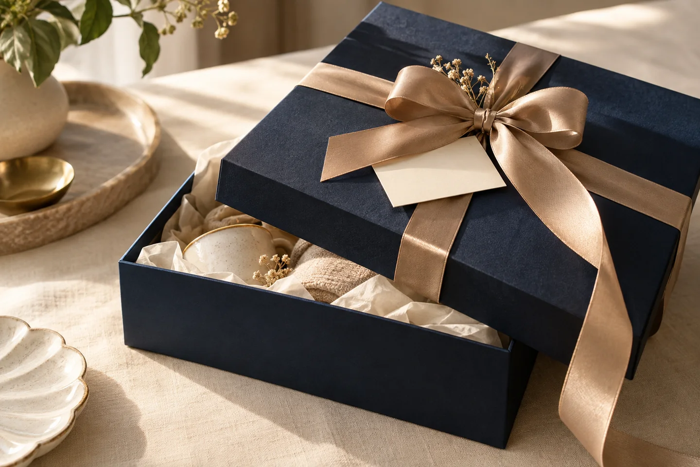 Navy gift box with a champagne ribbon, tissue paper and a blank personal card