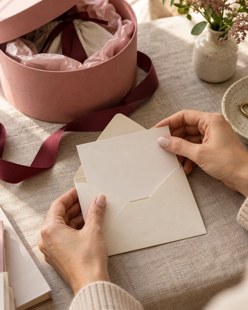 Hands placing a personal note into an envelope beside a round rose-colored gift box
